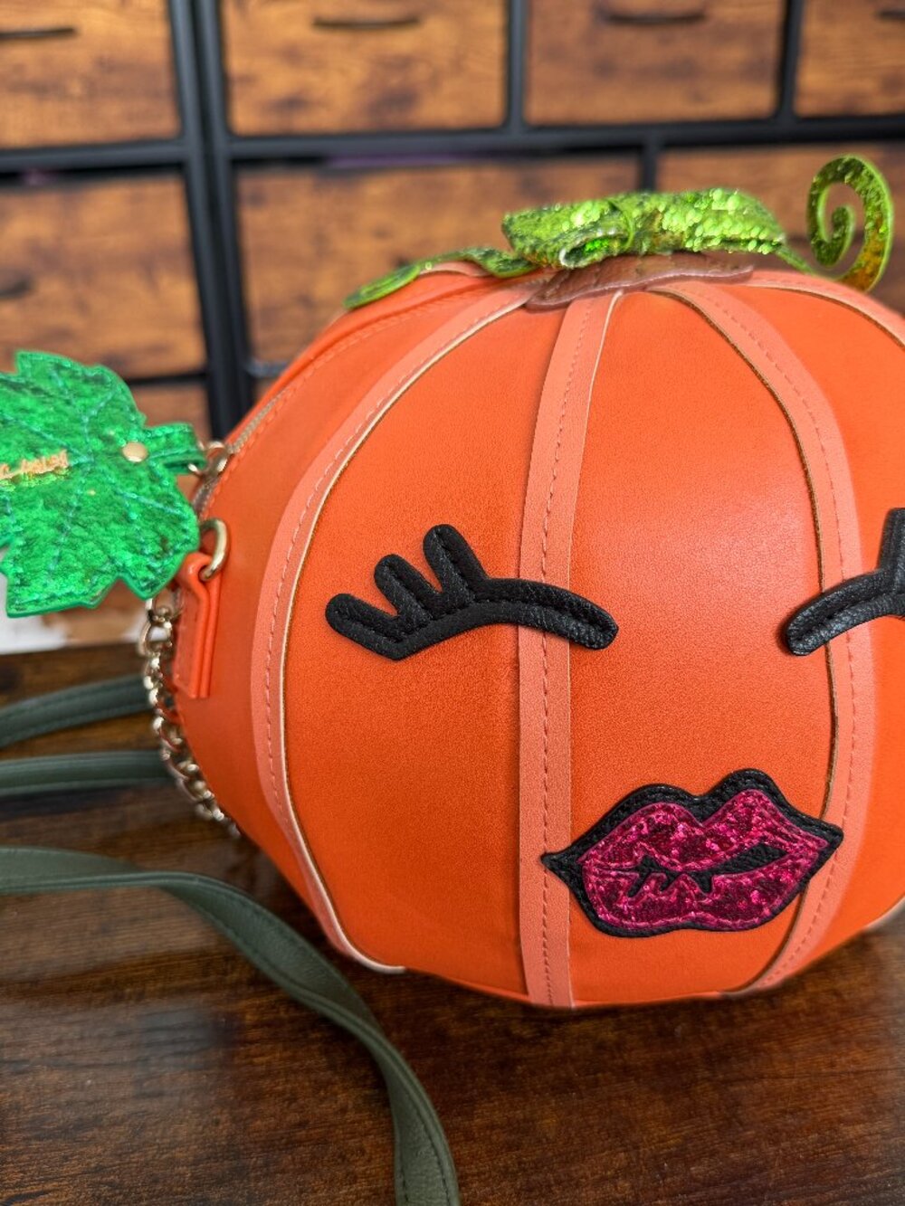 Betsey Johnson Orange Pumpkin Face Eyelashes Lips Crossbody Bag